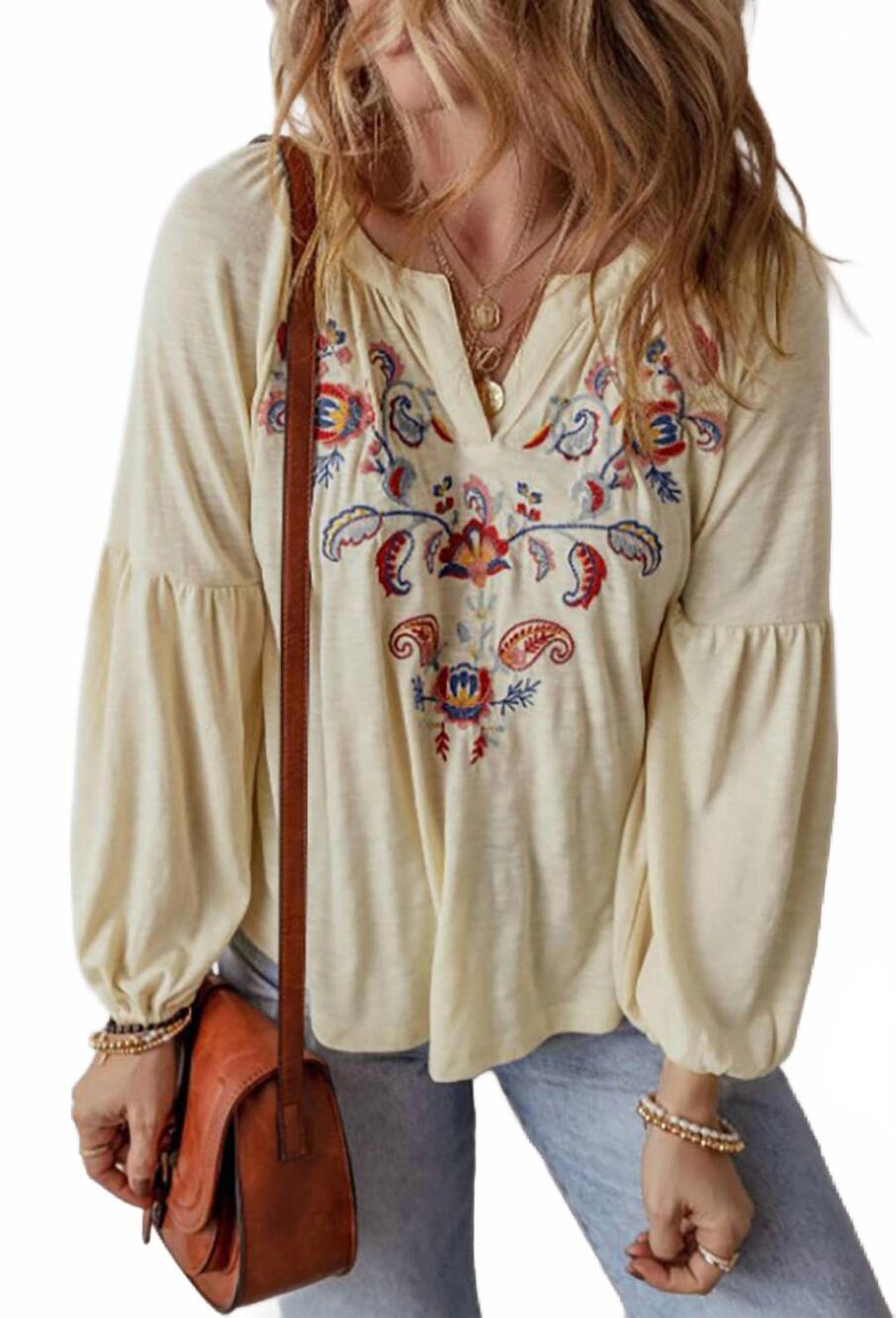 NEW LEGEND OR LIES paisley embroidered notch v neck blouse in apricot